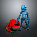 Blue Humanoid Creature Standing Next To Red Fish With Orange Fins And Green Feet