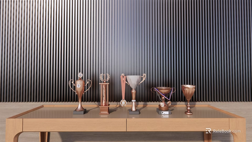 Trophies and Medals Displayed on Wooden Long Table with Black Vertical Striped Wall 3d model 