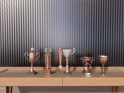 Trophies and Medals Displayed on Wooden Long Table with Black Vertical Striped Wall 3d model