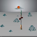 Long Handled Decorative Weapon With Green Flame Design Red Flag Blue Clouds And Red Sun