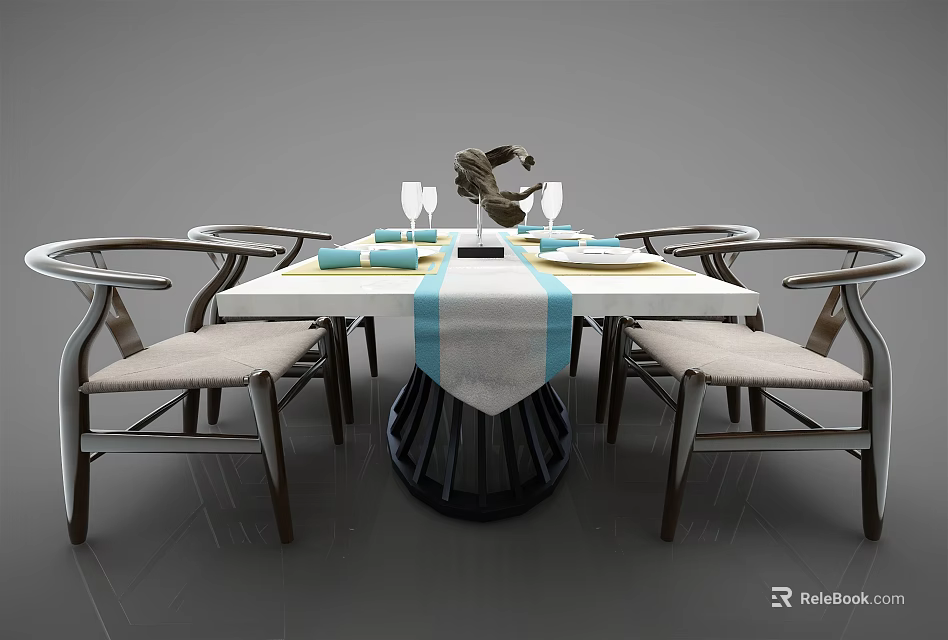 Elegant Modern Dining Table Set With Curved Armrest Chairs And Blue Striped Tablecloth Decorative Ornaments 3d model 