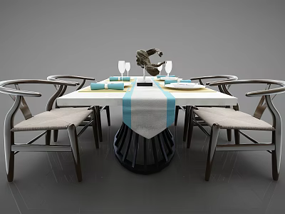 Elegant Modern Dining Table Set With Curved Armrest Chairs And Blue Striped Tablecloth Decorative Ornaments 3d model