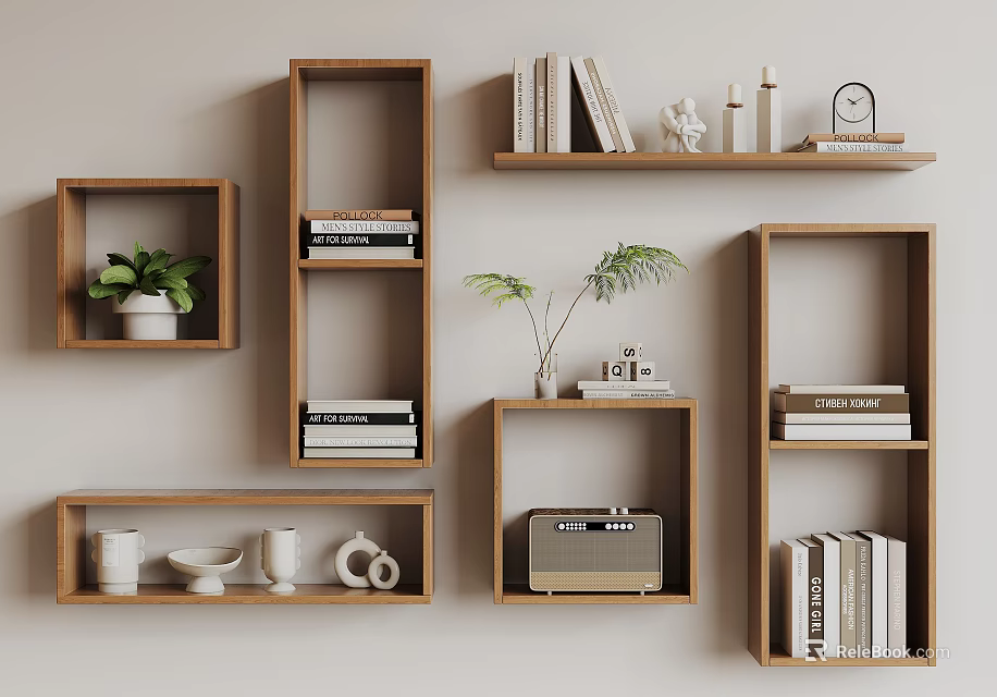 Wooden Wall Mounted Shelves With Books Decorations Plants And Radio 3d model 