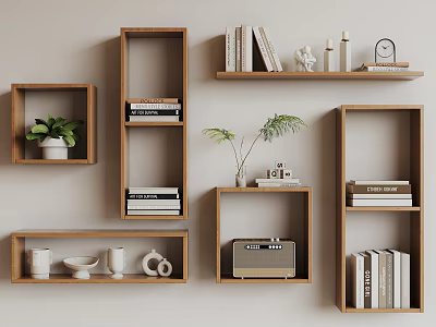 Wooden Wall Mounted Shelves With Books Decorations Plants And Radio 3d model