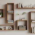 Wooden Wall Mounted Shelves With Books Decorations Plants And Radio