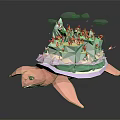 Cartoon Scene Featuring Pink Turtle Carrying Island With Green Plants Little Figures and Clouds