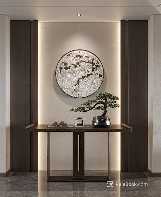 Minimalist Entryway Console Table With Circular Decorative Painting And Bonsai Tree 3d model 