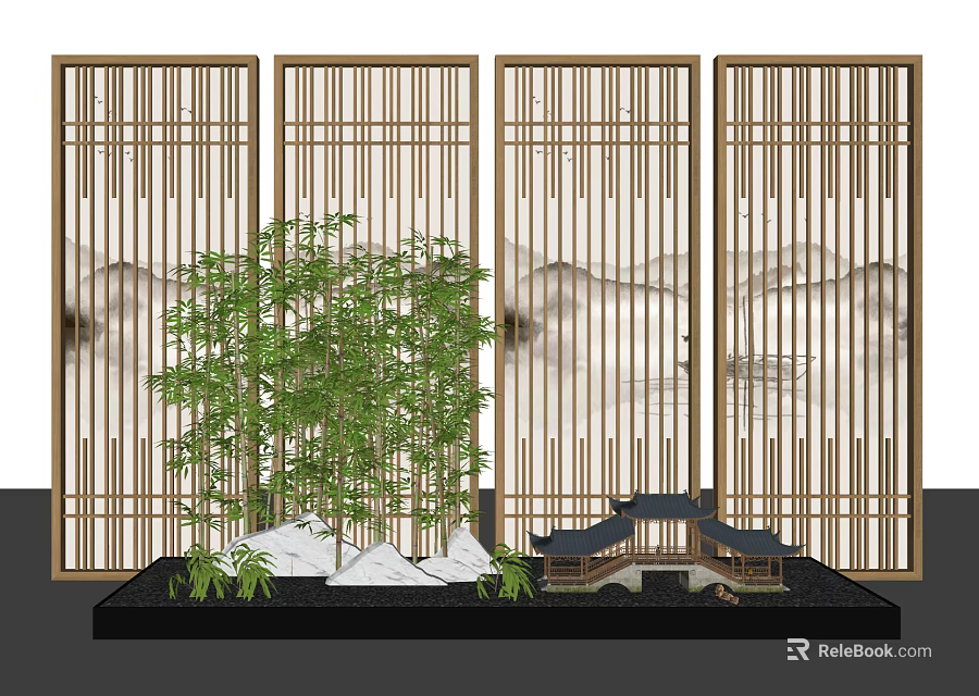 Garden Ornament Featuring Bamboo Screens Bamboo Plant Rockery Stones And Small Pavilion 3d model 