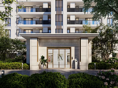 Modern Residential Building Main Entrance With Beige Walls Glass Doors And Surrounding Greenery 3d model