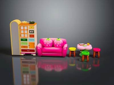 Colorful Toy Furniture Set With Pink Strawberry Sofa Small Table And Stools 3d model