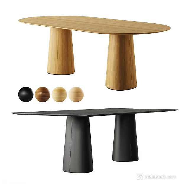 Light and Dark Wood Dining Table Set with Conical Legs and Round Stools 3d model 