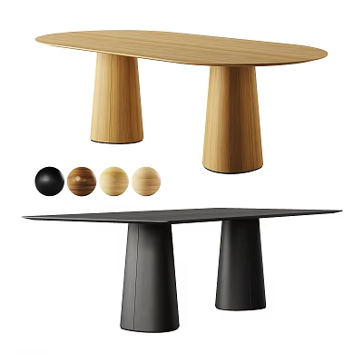 Light and Dark Wood Dining Table Set with Conical Legs and Round Stools 3d model