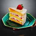 Layered Strawberry Cake with White Cream Filling and Fresh Strawberry Topping on Green Decorative Plate