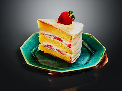 Layered Strawberry Cake with White Cream Filling and Fresh Strawberry Topping on Green Decorative Plate 3d model