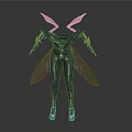 Futuristic Character In Black Bodysuit With Pink Transparent Wings And Golden Shoulders