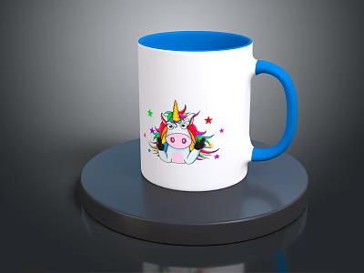 White Mug With Blue Rim Handle And Colorful Unicorn Stars Design On Black Circular Base 3d model