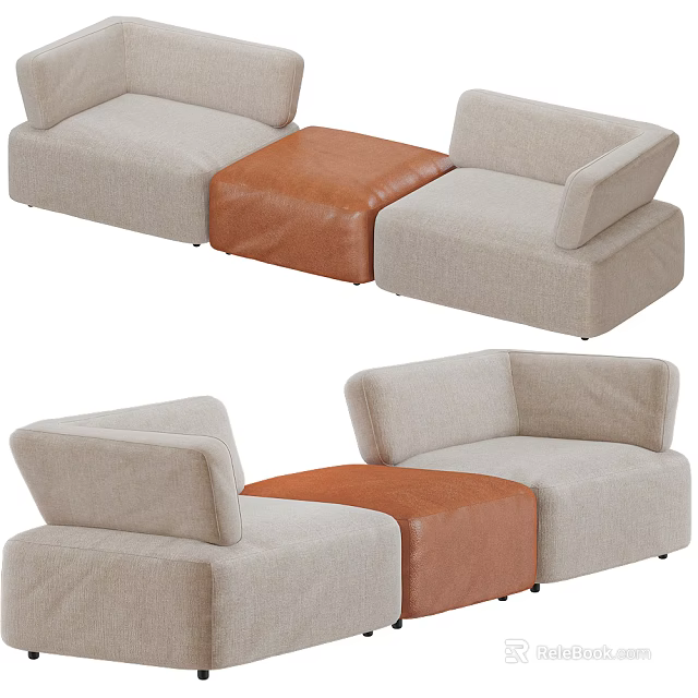 Modular Sectional Sofa With Light Beige Upholstery And Brown Leather Ottoman 3d model