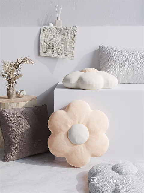 Flower Shaped Light Pink And Beige Pillows With Brown Cushion In Minimalist Interior Decor 3d model 