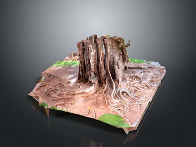 Wooden Stone Tree Stump Decorative Piece With Exposed Roots And Green Moss Base 3d model