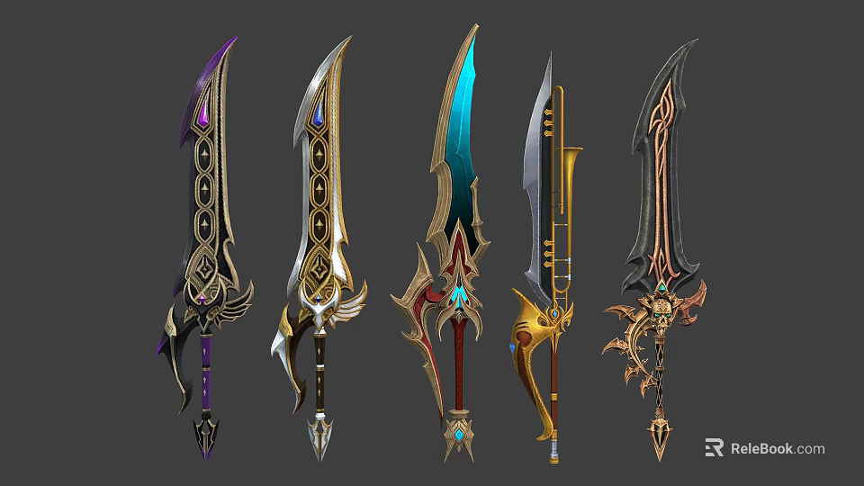 Fantasy Weapons Collection With Ornate Designs Gemstone Accents And Colorful Blades 3d model 