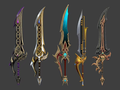 Fantasy Weapons Collection With Ornate Designs Gemstone Accents And Colorful Blades 3d model