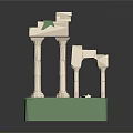 Classical Architectural Model Featuring White Columns Green Base And Decorative Tops With Small Stones