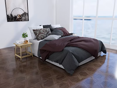 Double Bed With Burgundy Gray Bedding Plush Pillows And Wooden Nightstand By Sea View Window 3d model