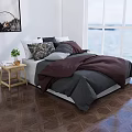 Double Bed With Burgundy Gray Bedding Plush Pillows And Wooden Nightstand By Sea View Window