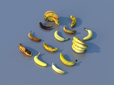 Colorful Assorted Bananas in Various Ripeness Stages Scattered on Gray Background 3d model