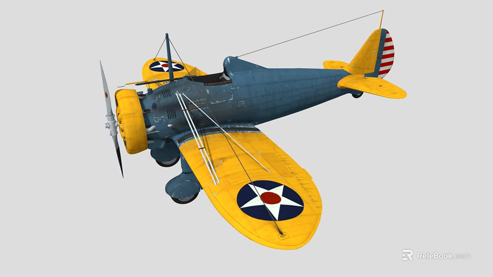 Blue and Yellow Vintage Biplane Fighter Aircraft with U.S. Star Insignia and American Flag Tail 3d model 