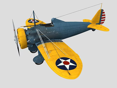 Blue and Yellow Vintage Biplane Fighter Aircraft with U.S. Star Insignia and American Flag Tail 3d model