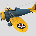 Blue and Yellow Vintage Biplane Fighter Aircraft with U.S. Star Insignia and American Flag Tail
