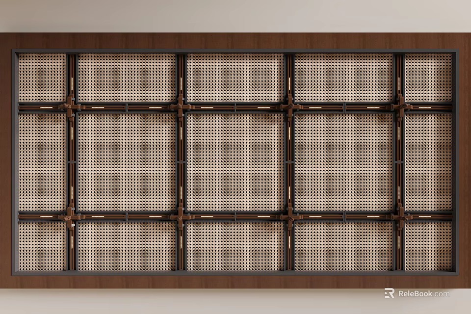 Structured Grid Pattern Ceiling Design with Dark Frame and Decorative Interior Panels 3d model 