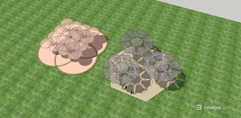 Modern Pergola Design With Petal Shaped Top And Multiple Structures On Grass Lawn 3d model