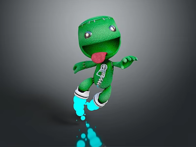 Green Game Movie Character with Big Eyes Open Mouth Tongue Jumping Pose Glowing Blue Shoes 3d model