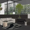 Modern Reception Area With Beige Sofa Green Plants Large Windows And Round Rug
