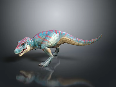 Colorful Dinosaur Model With Pink And Blue Stripes In Standing Pose And Reflective Surface 3d model