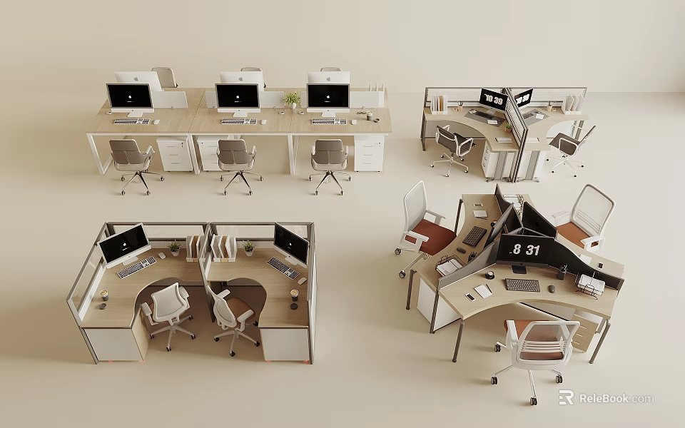 Modern Office Desk Workstations With Different Layouts Computer Monitors And Ergonomic Chairs 3d model