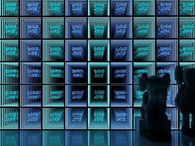 Commercial Display Equipment With Illuminated Blue Cyan Square Panels And Silhouette Figures 3d model
