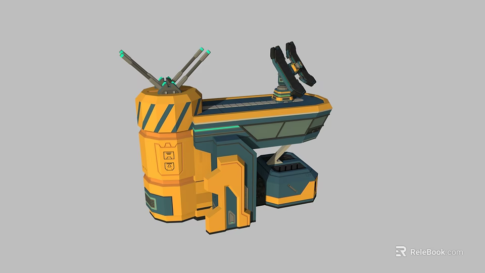 Futuristic Sci Fi Mechanical Scene Component With Yellow Blue Body And Black Antennas 3d model 