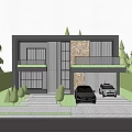 Modern Detached Villa Exterior With Stone Wall Large Glass Windows Balcony And Green Plants