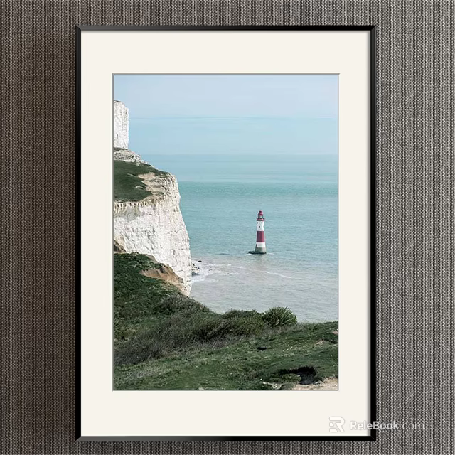 Scenic Landscape Painting with White Cliffs Green Grass and Red White Lighthouse Over Blue Sea 3d model 
