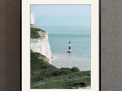 Scenic Landscape Painting with White Cliffs Green Grass and Red White Lighthouse Over Blue Sea 3d model