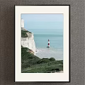 Scenic Landscape Painting with White Cliffs Green Grass and Red White Lighthouse Over Blue Sea