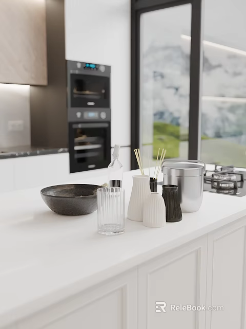 Modern Kitchen Interior With White Counter Black Bowl Glass Vases And Oven View 3d model 