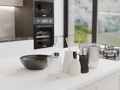 Modern Kitchen Interior With White Counter Black Bowl Glass Vases And Oven View 3d model