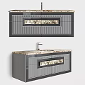 Modern Vanity Design With Gray Cabinetry And Marble Countertop Striped Panels