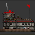 Cartoon Style Fortress Scene With Red Flags Multi Level Tower And Wooden Fence