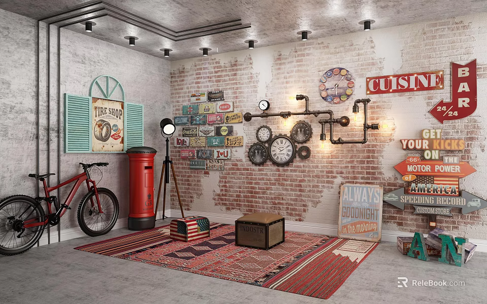 Vintage Decorative Ornament Combination With Brick Wall Clocks Road Signs Bicycle And Wooden Crate 3d model 