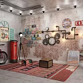 Vintage Decorative Ornament Combination With Brick Wall Clocks Road Signs Bicycle And Wooden Crate